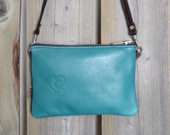 Turquoise Leather Crossbody Purse, Heart 'n Soul Branded Leather Side Bag and Wristlet Convertible Purse