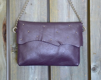 Purple Raw Edge Leather Side Bag with Silver Stud Design/Purple Leather Crossbody Bag/ Silver Studded Raw Edge Purse/Purple Leather Purse