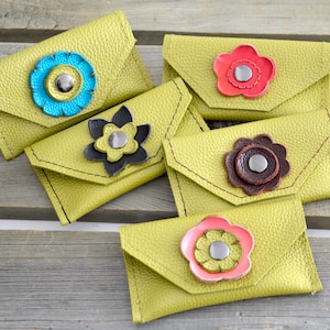 Green Leather Card Purses with Hand Cut Flowers/Handmade One of a Kind Leather Card Holders