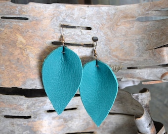 Turquoise Leather Leaf Earrings, Up Cycled Long Leather Leaf Earrings