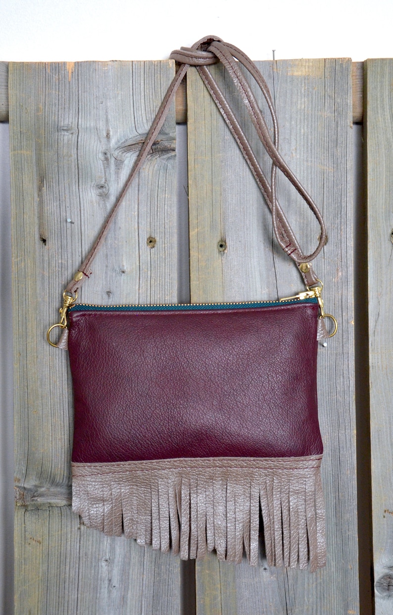 Burgundy Leather Fringe Side Bag with Raw Edge Metallic Champagne Fringe, Leather Fringe Cross Body Bag and Convertible Wristlet Purse shops