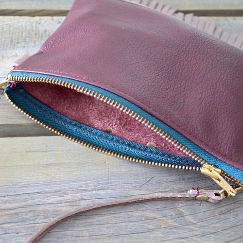 Burgundy Leather Fringe Side Bag with Raw Edge Metallic Champagne Fringe, Leather Fringe Cross Body Bag and Convertible Wristlet Purse shops