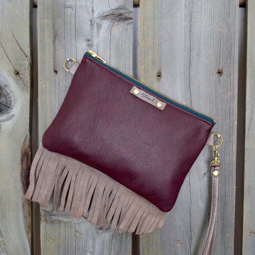 Burgundy Leather Fringe Side Bag with Raw Edge Metallic Champagne Fringe, Leather Fringe Cross Body Bag and Convertible Wristlet Purse shops