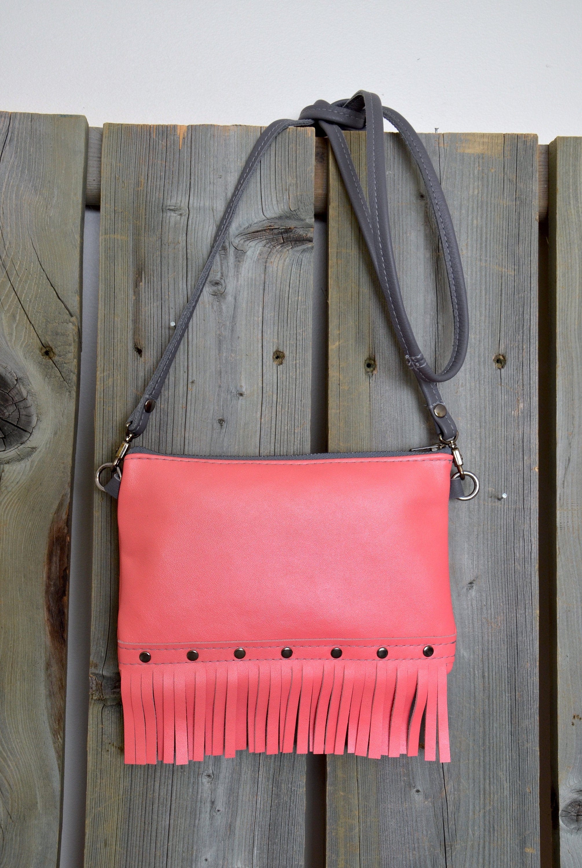 Neon Pink Leather Fringe Side Bag With Studded Pink Fringe 