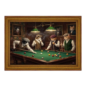 May include: A framed wall art print depicting four anthropomorphic cats playing billiards on a green felt table. The cats wear vests and flat caps, holding pool cues. Two green lamps hang above the table, and portraits of cats hang on the wall.