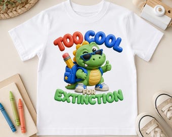 Dinosaur Back to School Shirt, Too Cool for Extinction Kids Tee, Funny Dino Shirt for Boys, First Day of School Outfit