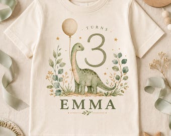 Personalized Dinosaur 3rd Birthday Shirt, Sage Green Birthday Girl Tee, Custom Name Toddler Dino Party Outfit