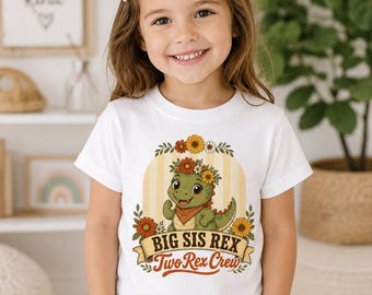 Big Sister Dinosaur Birthday Shirt, Big Sis Rex Two Rex Crew Tee, Matching Boho Dino Party Shirt for Girls