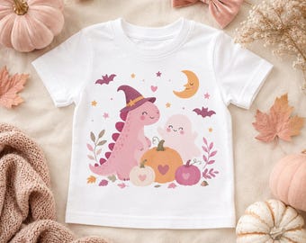 Halloween Dinosaur Toddler Shirt, Pink Witch Dino Ghost Pumpkin Tee for Girls