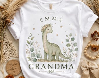 Personalized Grandma Dinosaur Birthday T-Shirt with Grandchild Name, Sage Green Watercolor Design