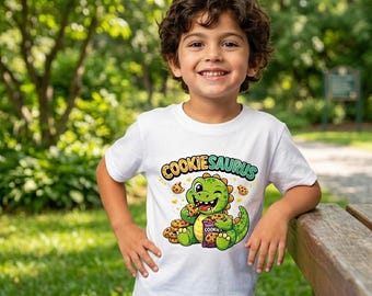 COOKIEOSAURUS Kids Shirt, Funny Cookie Dinosaur T-Shirt for Boys & Girls, Cute Kawaii Dino Tee, Cookie Lover Gift, Trendy Graphic Tee