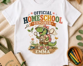 Personalized Homeschool Shirt for Girls, Official Homeschool Explorer Dinosaur Tee, Custom Name Kids Homeschool Outfit