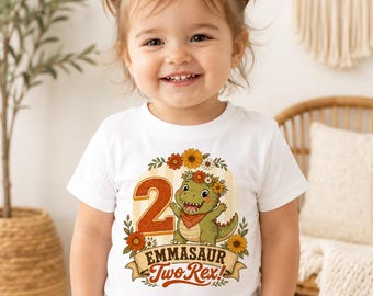 Personalized Two Rex Birthday Shirt Girl, Boho Dinosaur 2nd Birthday Outfit, Custom Name Toddler Birthday Tee