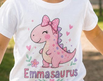Emma Dinosaur Birthday T-Shirt, Personalized Pink Dino for Girls