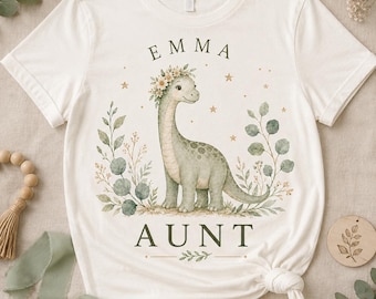 Personalized Aunt Dinosaur Birthday Shirt, Custom Child Name, Sage Green Watercolor Family Tee