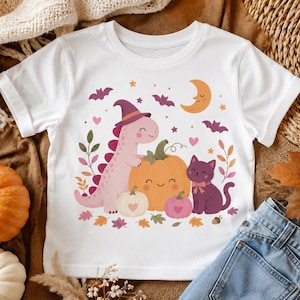 Halloween Dinosaur Toddler Shirt, Pink Dino, Black Cat and Pumpkin Tee for Girls, Cute Trick or Treat Outfit