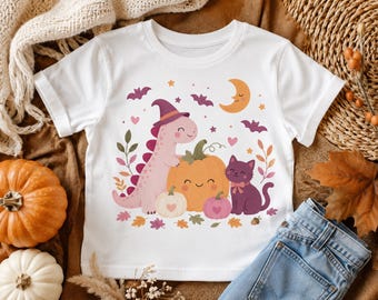 Halloween Dinosaur Toddler Shirt, Pink Dino, Black Cat and Pumpkin Tee for Girls, Cute Trick or Treat Outfit
