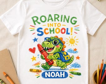 Personalized Dinosaur Back to School Shirt, Roaring Into School T-Rex Tee, Custom Name First Day of School Outfit