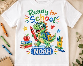 Personalized Dinosaur Back to School Shirt, Ready for School T Rex Tee, Custom Name Kids Shirt, First Day of School Outfit, Crayon Dino Tee