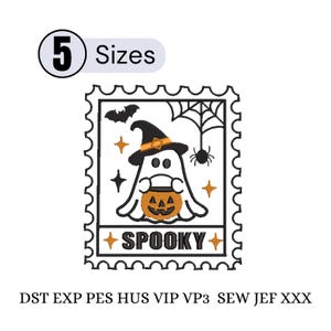 May include: An embroidery design featuring a postage stamp shape with a ghost wearing a witch hat and holding a jack-o'-lantern. The design includes a bat, spider web, spider, and stars with the text SPOOKY. Includes 5 sizes and file formats DST, EXP, PES, HUS, VIP, VP3, SEW, JEF, XXX.