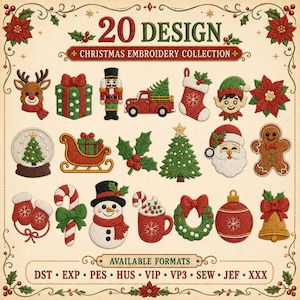May include: A digital collection of 20 Christmas embroidery designs featuring icons like a reindeer, nutcracker, red truck, stocking, elf, poinsettia, snow globe, sleigh, holly, tree, Santa, gingerbread man, mittens, candy cane, snowman, cocoa, wreath, ornament, and bell.