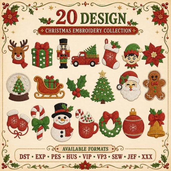 Classic Christmas Embroidery Bundle, Set of 20 Christmas Mini Icons, Machine Embroidery Files, Instant Download,