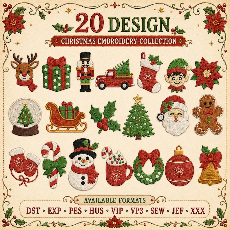 K&ouml;nnte beinhalten: Eine digitale Sammlung von 20 Weihnachtsstickmustern mit Symbolen wie Rentier, Nussknacker, rotem LKW, Strumpf, Elf, Weihnachtsstern, Schneekugel, Schlitten, Stechpalme, Baum, Weihnachtsmann, Lebkuchenmann, F&auml;ustlingen, Zuckerstange, Schneemann, Kakao, Kranz, Ornament und Glocke.