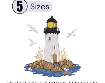 Borduurontwerp van een vuurtoren, kustvuurtoren aan zee, maritiem oceaanlandschap borduurpatroon, decoratie voor een strandhuis