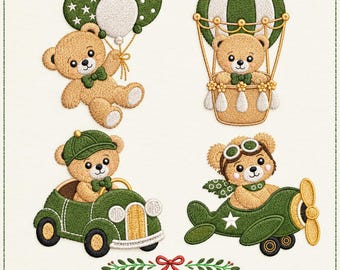 May include: Four machine embroidery designs featuring light brown teddy bears in green and white. One bear holds balloons, one sits in a hot air balloon, one drives a green car, and one flies a green airplane. Text reads 4 Design and file formats.
