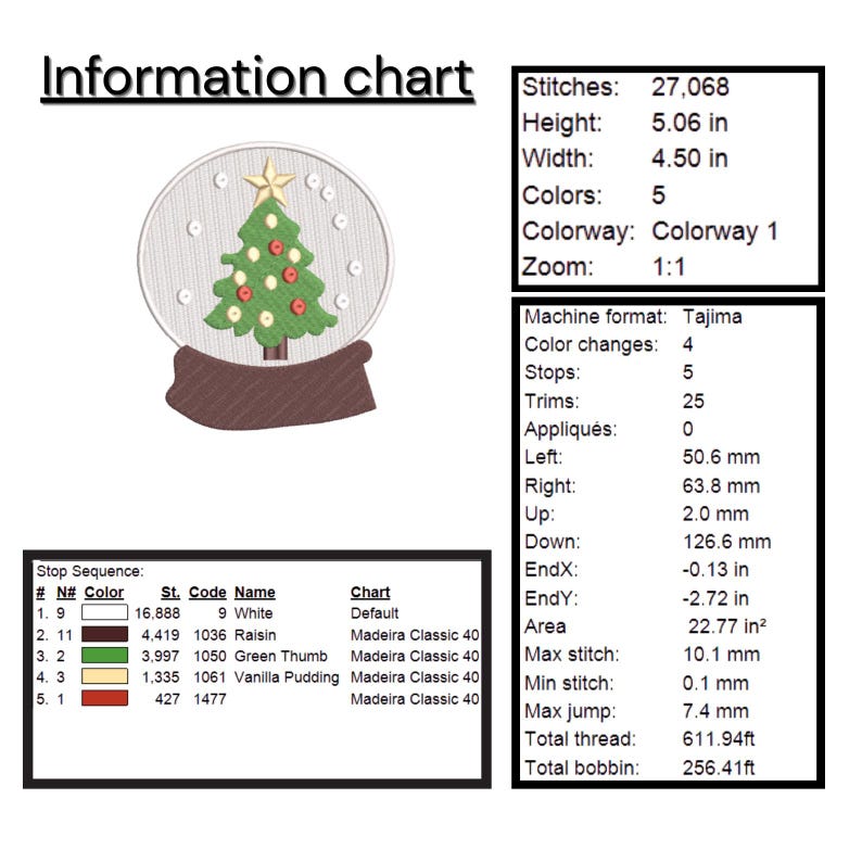 K&ouml;nnte beinhalten: Eine Stickmuster-Informationstabelle mit einer Schneekugelgrafik, die einen gr&uuml;nen Weihnachtsbaum, einen goldenen Stern sowie rote und wei&szlig;e Ornamente zeigt. Die Tabelle enth&auml;lt technische Daten wie 27.068 Stiche, eine H&ouml;he von 12,85 cm und eine Breite von 11,43 cm.