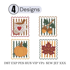 May include: Four square machine embroidery designs featuring scalloped borders and striped backgrounds. The designs include a mug with a heart and cinnamon stick, two acorns on a branch, a pumpkin with a leaf, and a single maple leaf. Text reads 4 Designs.