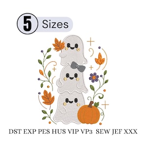 May include: An embroidery design featuring three stacked white ghosts, one holding an orange maple leaf and one wearing a gray bow. The ghosts are surrounded by orange leaves, green vines, a purple flower, and an orange pumpkin. Text reads 5 Sizes and DST EXP PES HUS VIP VP3 SEW JEF XXX.