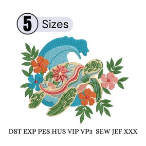 Broderifil med havssköldpaddsvågor, tropiskt hav, maskinsömnadsdesign, hawaiianskt blommigt sommarmönster, flera storlekar, Emb Vp3 Pes Dst