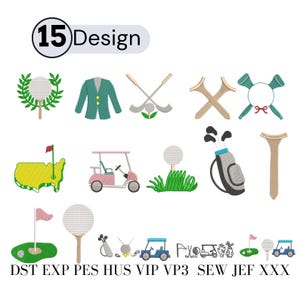 Op de afbeelding: Een verzameling van 15 golf-thema ontwerpen, waaronder een golfkar, golfclubs, een golfbal op een tee en een golftas. De ontwerpen zijn in verschillende kleuren, zoals groen, roze en blauw. De tekst "15 Design" staat bovenaan.