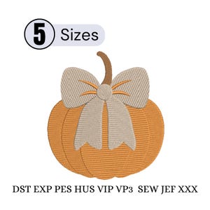 May include: An orange pumpkin embroidery design featuring a beige bow and a brown stem. The text 5 Sizes appears at the top left, and the text DST EXP PES HUS VIP VP3 SEW JEF XXX is printed at the bottom of this digital machine embroidery file.