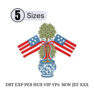 Könnte beinhalten: Ein Stickdesign mit einem Formschnittbaum mit zwei amerikanischen Flaggen, einer rot-weiß-blauen Schleife und einem blau-weißen dekorativen Topf. Das Bild enthält den Text "5 Sizes".