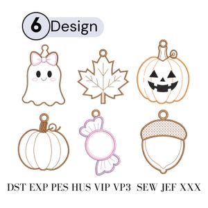 May include: A set of 6 embroidery designs featuring a ghost with a bow, a maple leaf, a jack-o'-lantern, a pumpkin, a wrapped candy, and an acorn. The text 6 Design is at the top, and file formats DST, EXP, PES, HUS, VIP, VP3, SEW, JEF, XXX are below.