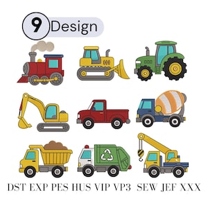 May include: A collection of 9 machine embroidery designs featuring a red steam train, yellow bulldozer, green tractor, yellow excavator, red pickup truck, blue cement mixer, yellow dump truck, green garbage truck, and a yellow crane truck.