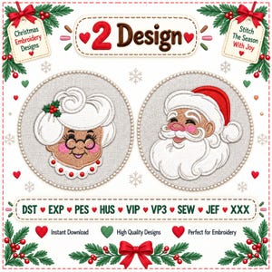 Könnte beinhalten: Zwei kreisförmige Weihnachtsstickmotive mit Frau Weihnachtsmann mit weißem Haar und Brille sowie dem Weihnachtsmann mit roter Mütze und weißem Bart. Der Text enthält 2 Design, Christmas Embroidery Designs, Stitch The Season With Joy und Dateiformate.