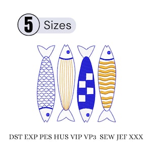 May include: Four stylized fish designs in blue and gold, each with a unique pattern. The image includes the text "5 Sizes" and file type abbreviations. The fish are arranged vertically against a white background.