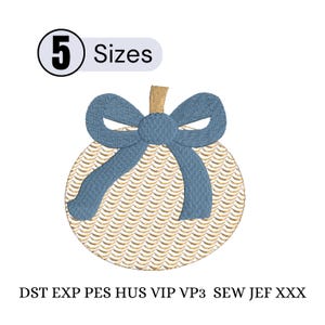 May include: An embroidery design of a round ornament with a textured cream-colored scalloped pattern, topped with a blue bow and a tan stem. The text 5 Sizes appears at the top, and the file formats DST, EXP, PES, HUS, VIP, VP3, SEW, JEF, XXX are listed below.