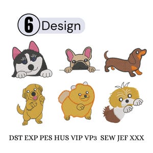 Puede incluir: Diseños de perros bordados, incluyendo un husky, un bulldog francés, un dachshund, un golden retriever, un pomerania y una mezcla de terrier. Los diseños son de varios colores y estilos. El número 6 y la palabra "Design" están en un círculo en la parte superior.