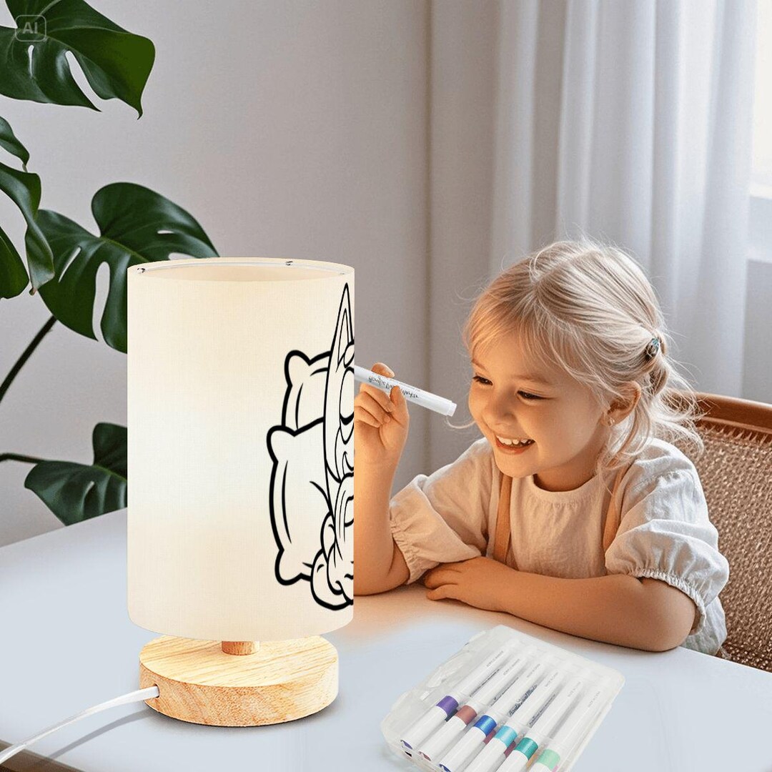 Colerable Ptable Colorable or Paintable Table Lamp – DIY Cotton Lampshade, Wood Base ...