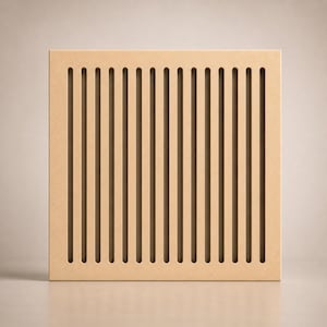 May include: A square, light brown wooden panel with evenly spaced vertical slots. The panel has a simple, modern design and is likely intended for use as a decorative element or architectural detail. The slots create a pattern of light and shadow.