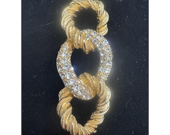 Vintage Christian Dior Rhinestone Link Brooch Gold Tone Signed Designer Pin