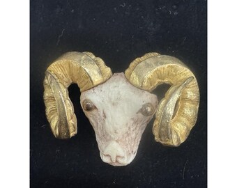 Vintage RAZZA Aries Ram Head Brooch Zodiac Pin Signed Gold Tone