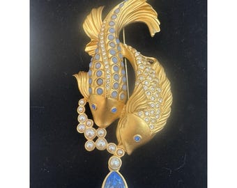 Elizabeth Taylor Avon Fisch Brosche Strass Perle Blau baumeln Goldton