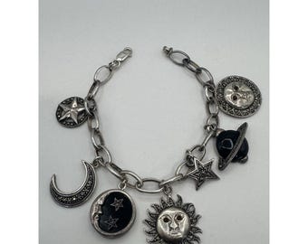 Sterling Silver 925 Celestial Charm Bracelet Sun Moon Stars Saturn 28.9g