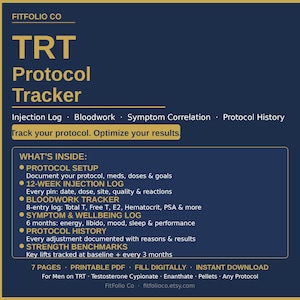 Könnte beinhalten: Ein digitales, druckbares PDF in Marineblau, TRT Protocol Tracker. Der Tracker enthält Abschnitte für Injektionsprotokolle, Blutuntersuchungen, Symptomkorrelation und Protokollverlauf. Es hilft Benutzern, ihr Protokoll zu verfolgen und Ergebnisse zu optimieren. Enthält 7 Seiten.