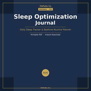 Könnte beinhalten: Ein dunkelblaues digitales Journal-Cover mit goldenem Rand und dem Text "Sleep Optimization Journal". Es enthält den Text "Daily Sleep Tracker & Bedtime Routine Planner" und "Printable PDF Instant Download."